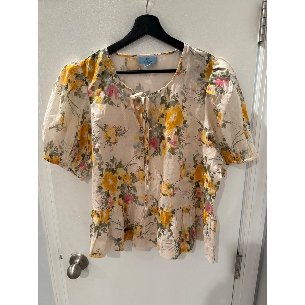 CeCe Floral Puff Sleeve Peplum Blouse